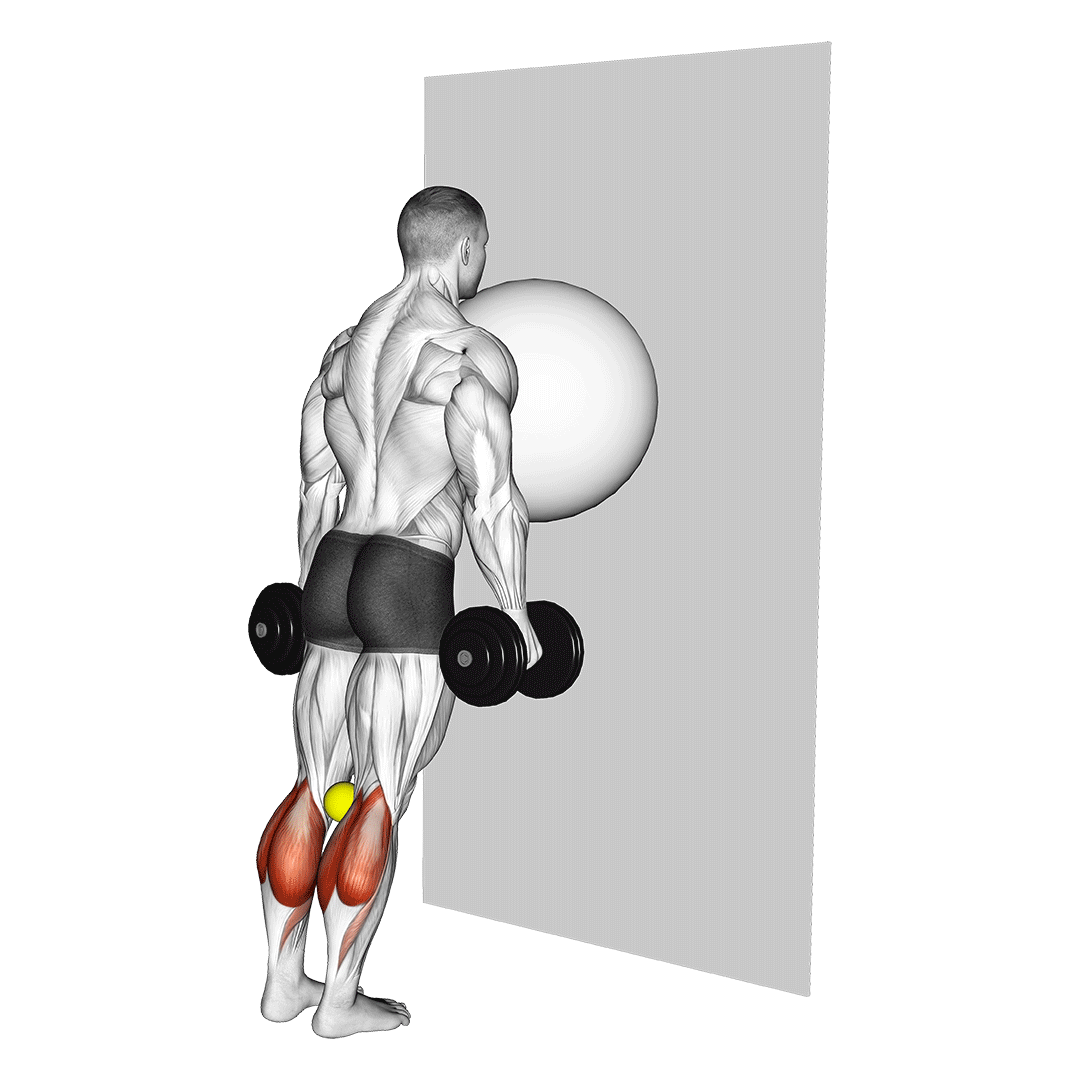 Exercise Ball On The Wall Calf Raise (Tennis Ball Between Knees) demonstration
